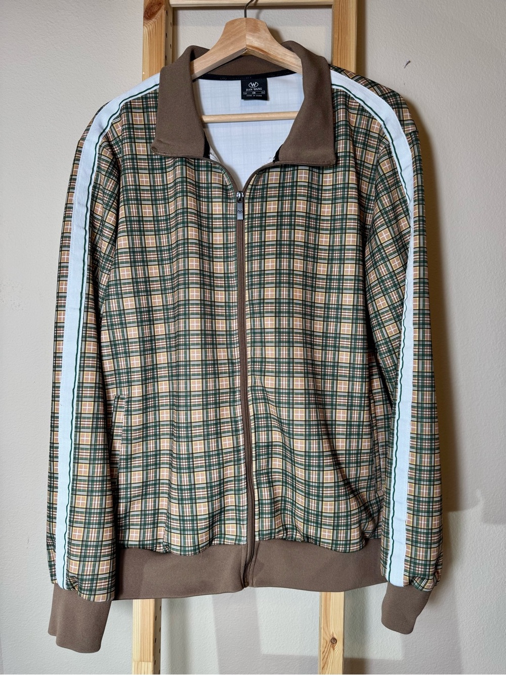 Jian Wang Retro Plaid Track Jacket Men's Green Brown Striped Full Zip Size XL